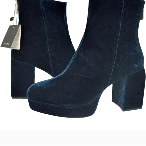 NWT | Zara Women's Teal Velvet Platform Ankle Boots | Size US 11 - Picture 2 of 8